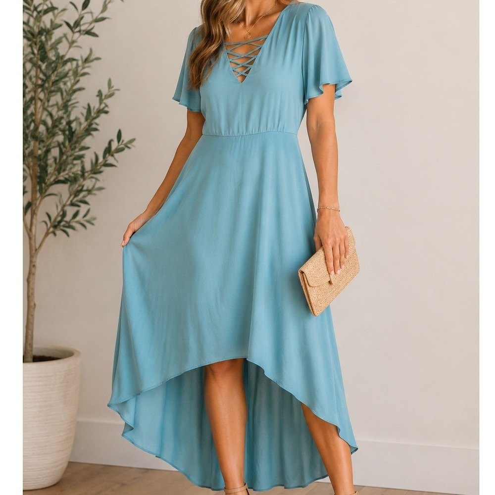 AGB Blue High Low Midi Dress Size 12 Lace Up Neck‎ Flutter Sleeve Resort